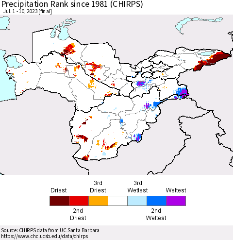 Central Asia Precipitation Rank since 1981 (CHIRPS) Thematic Map For 7/1/2023 - 7/10/2023