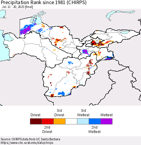 Central Asia Precipitation Rank since 1981 (CHIRPS) Thematic Map For 7/11/2023 - 7/20/2023
