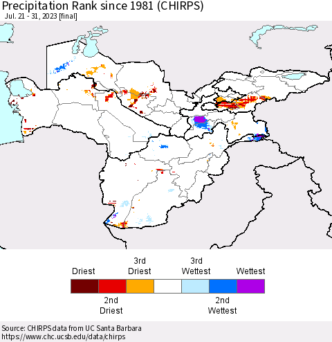 Central Asia Precipitation Rank since 1981 (CHIRPS) Thematic Map For 7/21/2023 - 7/31/2023