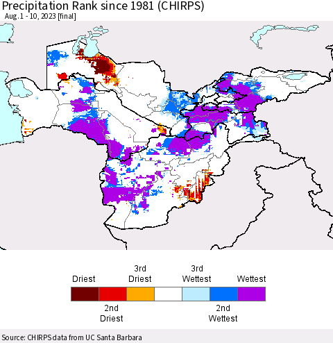 Central Asia Precipitation Rank since 1981 (CHIRPS) Thematic Map For 8/1/2023 - 8/10/2023