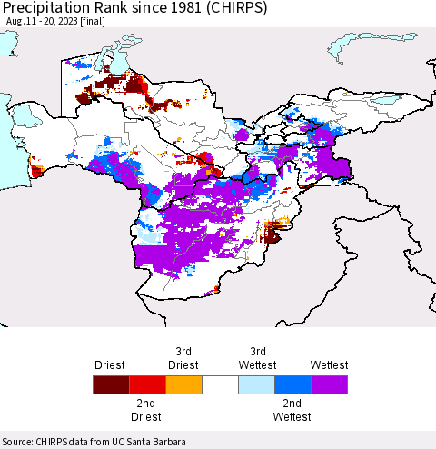 Central Asia Precipitation Rank since 1981 (CHIRPS) Thematic Map For 8/11/2023 - 8/20/2023