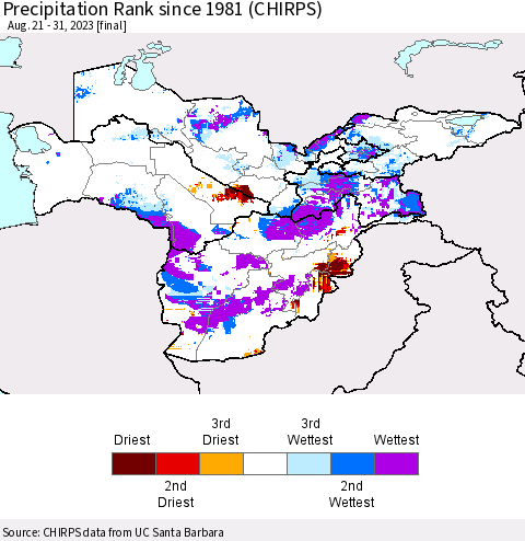 Central Asia Precipitation Rank since 1981 (CHIRPS) Thematic Map For 8/21/2023 - 8/31/2023