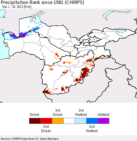 Central Asia Precipitation Rank since 1981 (CHIRPS) Thematic Map For 9/1/2023 - 9/10/2023