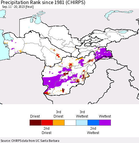 Central Asia Precipitation Rank since 1981 (CHIRPS) Thematic Map For 9/11/2023 - 9/20/2023
