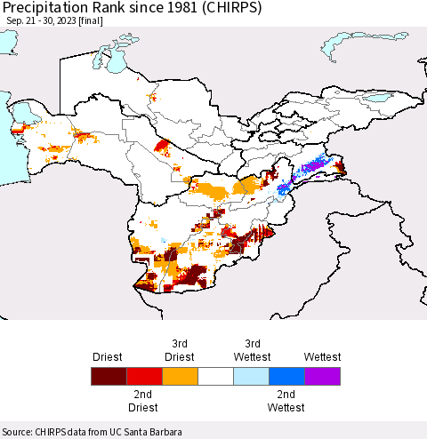Central Asia Precipitation Rank since 1981 (CHIRPS) Thematic Map For 9/21/2023 - 9/30/2023