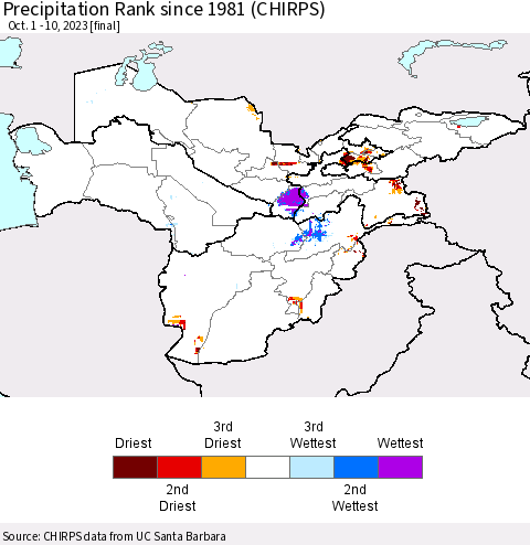 Central Asia Precipitation Rank since 1981 (CHIRPS) Thematic Map For 10/1/2023 - 10/10/2023