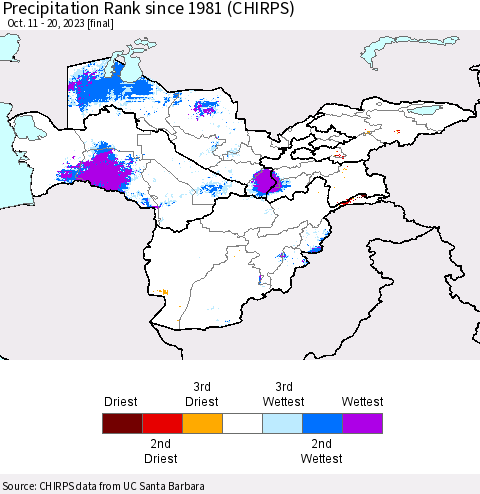 Central Asia Precipitation Rank since 1981 (CHIRPS) Thematic Map For 10/11/2023 - 10/20/2023