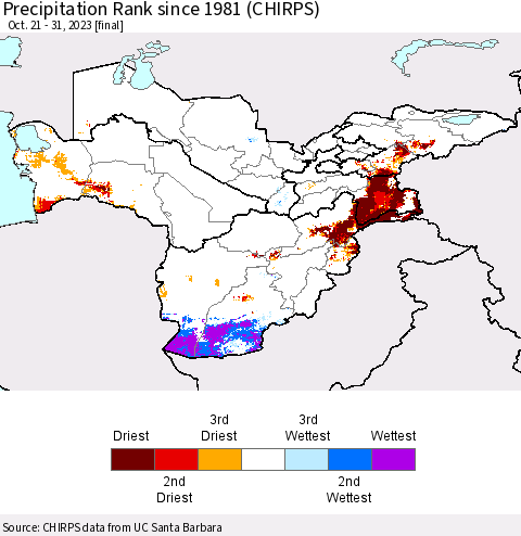 Central Asia Precipitation Rank since 1981 (CHIRPS) Thematic Map For 10/21/2023 - 10/31/2023