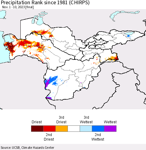 Central Asia Precipitation Rank since 1981 (CHIRPS) Thematic Map For 11/1/2023 - 11/10/2023