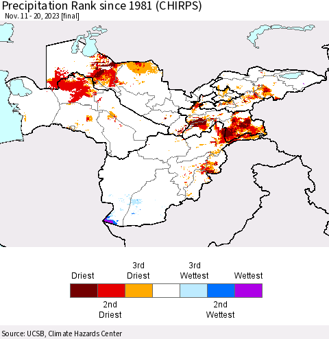 Central Asia Precipitation Rank since 1981 (CHIRPS) Thematic Map For 11/11/2023 - 11/20/2023