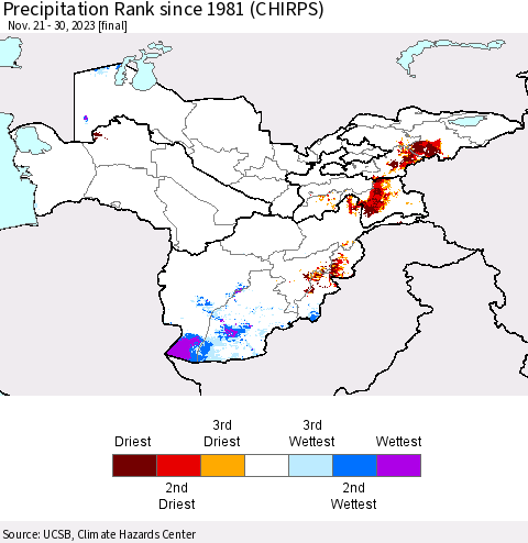 Central Asia Precipitation Rank since 1981 (CHIRPS) Thematic Map For 11/21/2023 - 11/30/2023