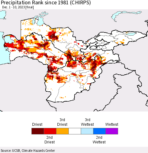 Central Asia Precipitation Rank since 1981 (CHIRPS) Thematic Map For 12/1/2023 - 12/10/2023