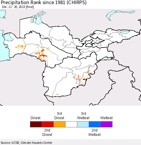 Central Asia Precipitation Rank since 1981 (CHIRPS) Thematic Map For 12/11/2023 - 12/20/2023