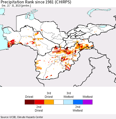 Central Asia Precipitation Rank since 1981 (CHIRPS) Thematic Map For 12/21/2023 - 12/31/2023
