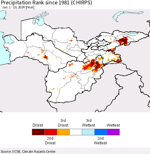 Central Asia Precipitation Rank since 1981 (CHIRPS) Thematic Map For 1/1/2024 - 1/10/2024