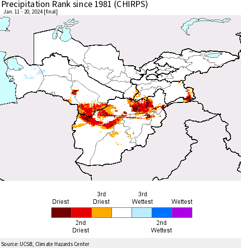 Central Asia Precipitation Rank since 1981 (CHIRPS) Thematic Map For 1/11/2024 - 1/20/2024