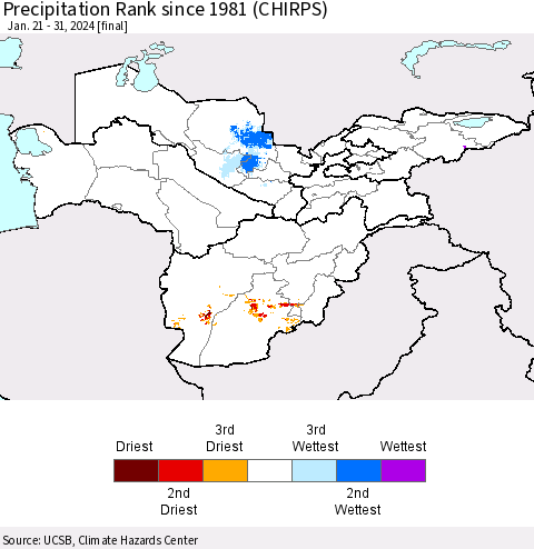 Central Asia Precipitation Rank since 1981 (CHIRPS) Thematic Map For 1/21/2024 - 1/31/2024