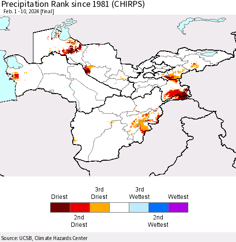 Central Asia Precipitation Rank since 1981 (CHIRPS) Thematic Map For 2/1/2024 - 2/10/2024