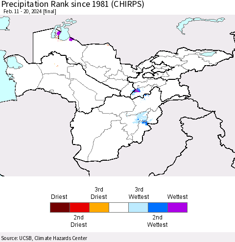 Central Asia Precipitation Rank since 1981 (CHIRPS) Thematic Map For 2/11/2024 - 2/20/2024
