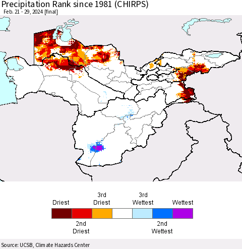 Central Asia Precipitation Rank since 1981 (CHIRPS) Thematic Map For 2/21/2024 - 2/29/2024