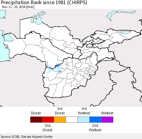 Central Asia Precipitation Rank since 1981 (CHIRPS) Thematic Map For 3/11/2024 - 3/20/2024