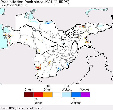Central Asia Precipitation Rank since 1981 (CHIRPS) Thematic Map For 3/21/2024 - 3/31/2024