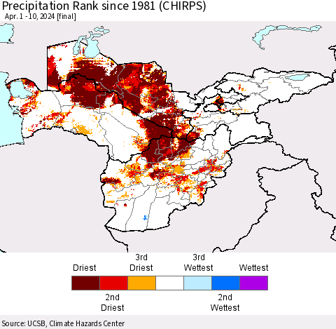 Central Asia Precipitation Rank since 1981 (CHIRPS) Thematic Map For 4/1/2024 - 4/10/2024