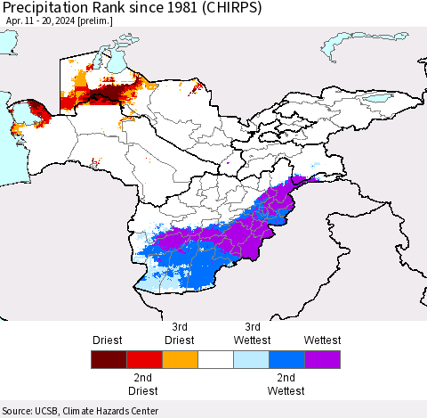 Central Asia Precipitation Rank since 1981 (CHIRPS) Thematic Map For 4/11/2024 - 4/20/2024