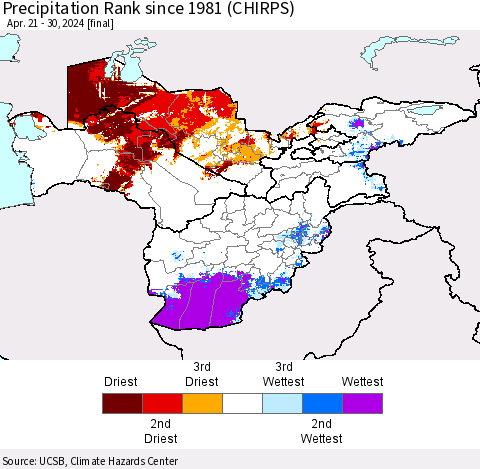 Central Asia Precipitation Rank since 1981 (CHIRPS) Thematic Map For 4/21/2024 - 4/30/2024
