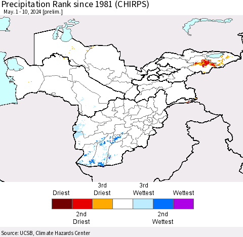 Central Asia Precipitation Rank since 1981 (CHIRPS) Thematic Map For 5/1/2024 - 5/10/2024