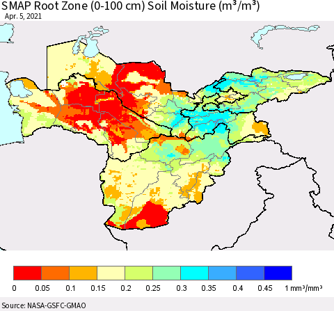 Central Asia SMAP Root Zone (0-100 cm) Soil Moisture (m³/m³) Thematic Map For 4/1/2021 - 4/5/2021
