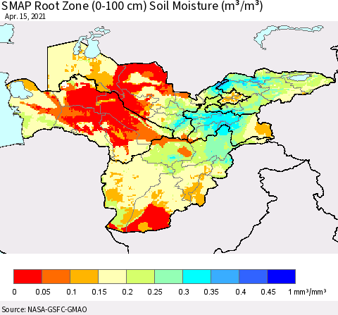 Central Asia SMAP Root Zone (0-100 cm) Soil Moisture (m³/m³) Thematic Map For 4/11/2021 - 4/15/2021