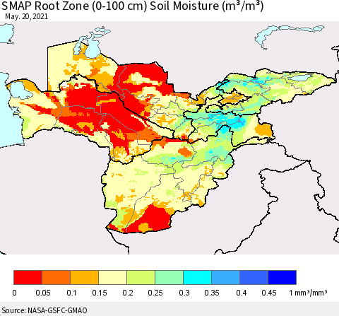 Central Asia SMAP Root Zone (0-100 cm) Soil Moisture (m³/m³) Thematic Map For 5/16/2021 - 5/20/2021