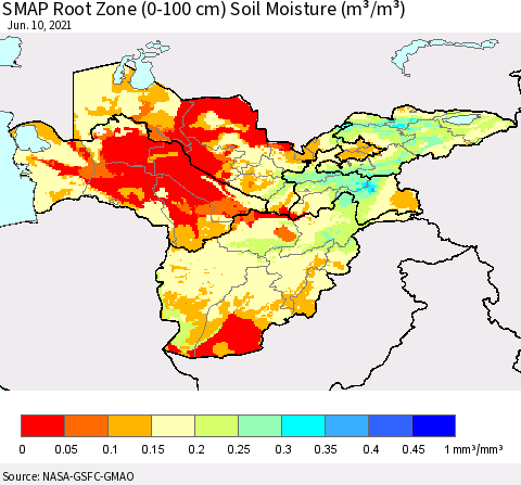 Central Asia SMAP Root Zone (0-100 cm) Soil Moisture (m³/m³) Thematic Map For 6/6/2021 - 6/10/2021