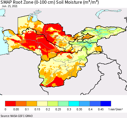 Central Asia SMAP Root Zone (0-100 cm) Soil Moisture (m³/m³) Thematic Map For 6/21/2021 - 6/25/2021