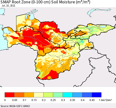 Central Asia SMAP Root Zone (0-100 cm) Soil Moisture (m³/m³) Thematic Map For 7/6/2021 - 7/10/2021