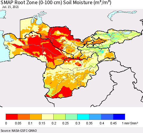 Central Asia SMAP Root Zone (0-100 cm) Soil Moisture (m³/m³) Thematic Map For 7/11/2021 - 7/15/2021