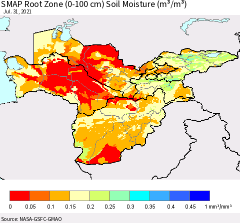 Central Asia SMAP Root Zone (0-100 cm) Soil Moisture (m³/m³) Thematic Map For 7/26/2021 - 7/31/2021