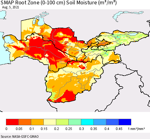 Central Asia SMAP Root Zone (0-100 cm) Soil Moisture (m³/m³) Thematic Map For 8/1/2021 - 8/5/2021