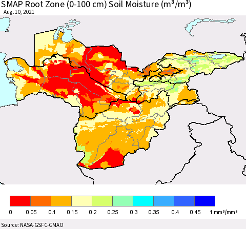 Central Asia SMAP Root Zone (0-100 cm) Soil Moisture (m³/m³) Thematic Map For 8/6/2021 - 8/10/2021