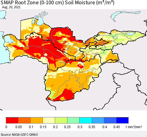 Central Asia SMAP Root Zone (0-100 cm) Soil Moisture (m³/m³) Thematic Map For 8/16/2021 - 8/20/2021