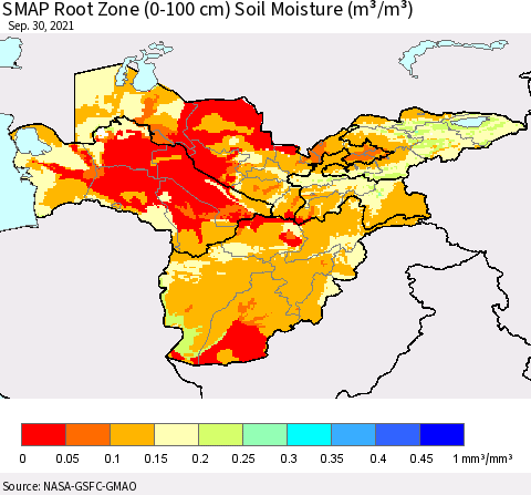 Central Asia SMAP Root Zone (0-100 cm) Soil Moisture (m³/m³) Thematic Map For 9/26/2021 - 9/30/2021