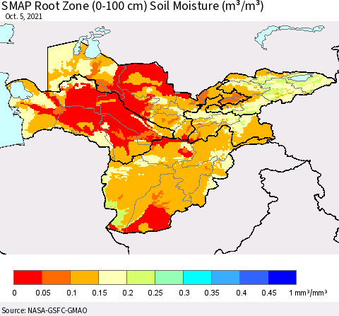 Central Asia SMAP Root Zone (0-100 cm) Soil Moisture (m³/m³) Thematic Map For 10/1/2021 - 10/5/2021