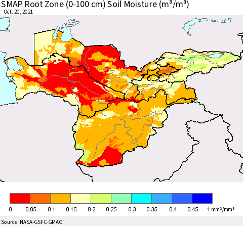 Central Asia SMAP Root Zone (0-100 cm) Soil Moisture (m³/m³) Thematic Map For 10/16/2021 - 10/20/2021