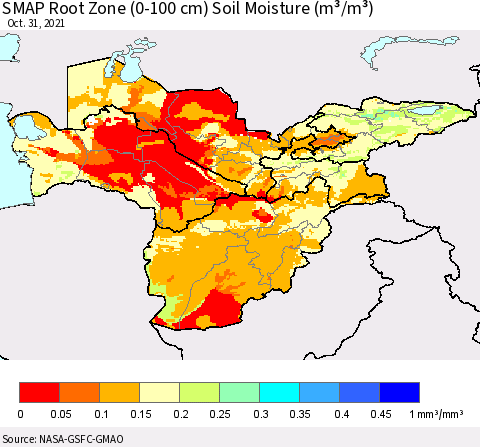 Central Asia SMAP Root Zone (0-100 cm) Soil Moisture (m³/m³) Thematic Map For 10/26/2021 - 10/31/2021