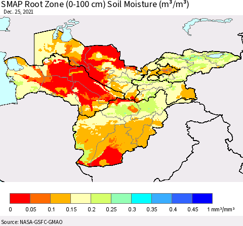 Central Asia SMAP Root Zone (0-100 cm) Soil Moisture (m³/m³) Thematic Map For 12/21/2021 - 12/25/2021