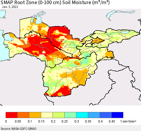 Central Asia SMAP Root Zone (0-100 cm) Soil Moisture (m³/m³) Thematic Map For 1/1/2022 - 1/5/2022