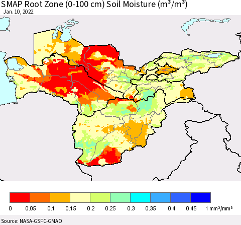 Central Asia SMAP Root Zone (0-100 cm) Soil Moisture (m³/m³) Thematic Map For 1/6/2022 - 1/10/2022