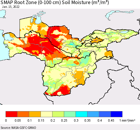 Central Asia SMAP Root Zone (0-100 cm) Soil Moisture (m³/m³) Thematic Map For 1/11/2022 - 1/15/2022