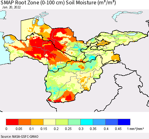 Central Asia SMAP Root Zone (0-100 cm) Soil Moisture (m³/m³) Thematic Map For 1/16/2022 - 1/20/2022